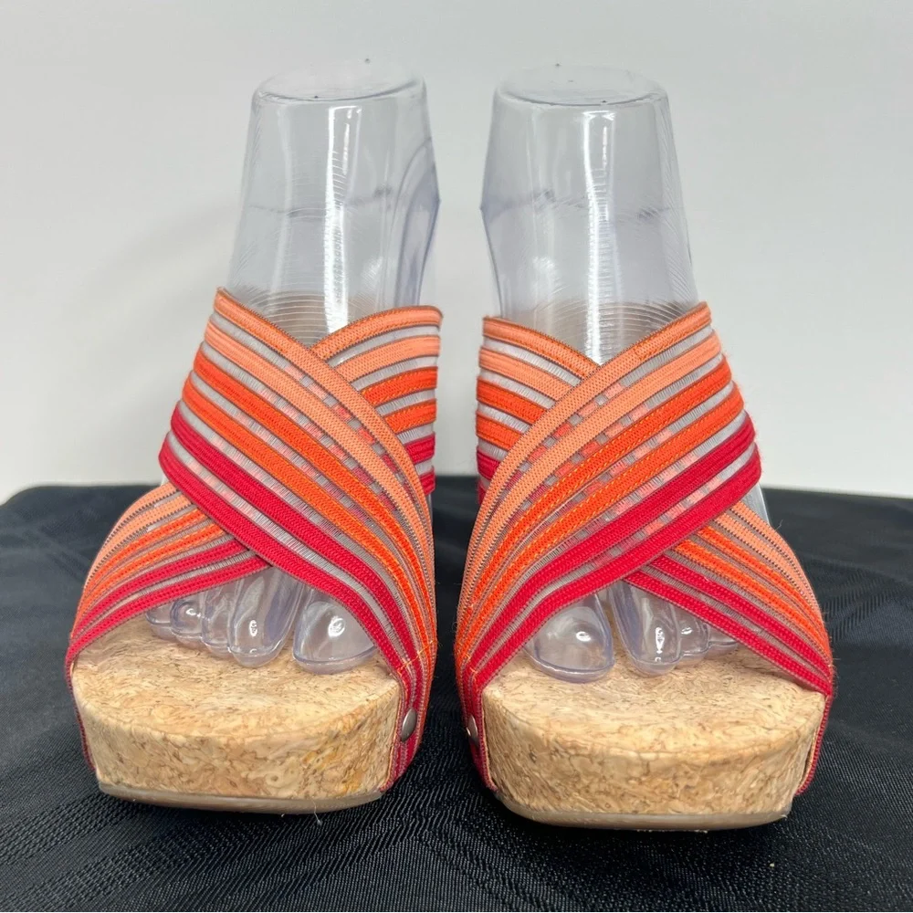 Lucky Brand Wedge Miller Cork Orange/Red Stripe Mesh Sandal 3 3/4 Inch Heel Sz 8